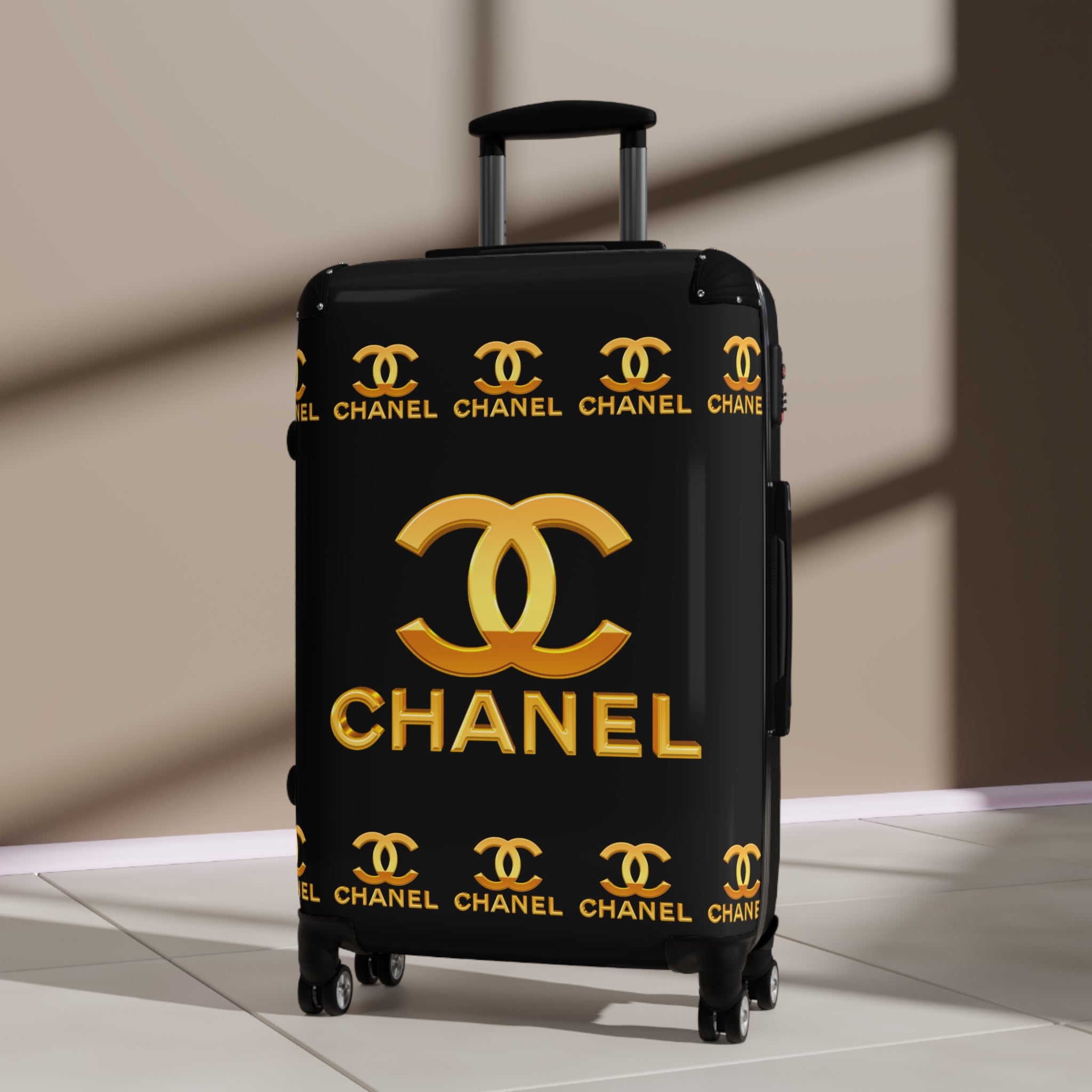 Black Chanel Gold Logo Suitcase with Lock Elevate Your Travel in Sty Swag Tees